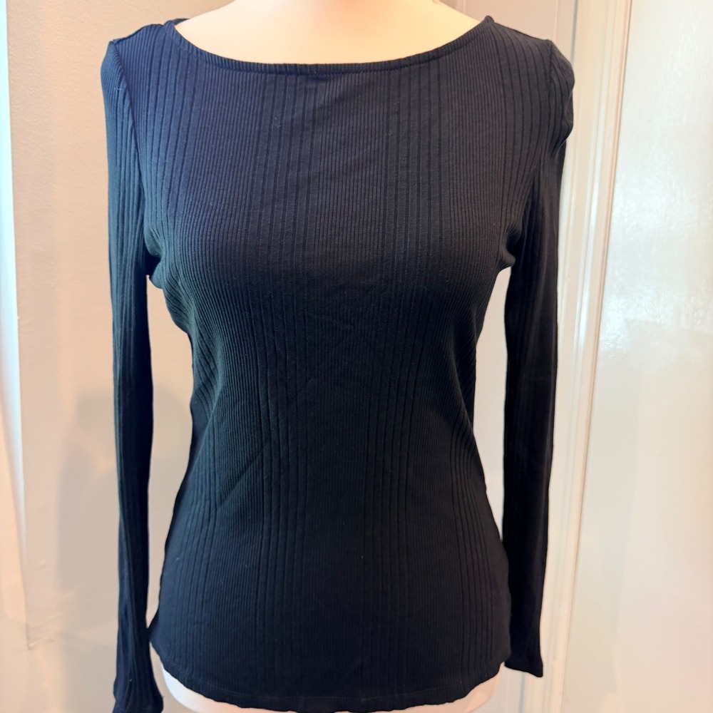 Rachel Zoe Black Ribbed Long Sleeve Top Boat Neck Minimalist Chic | Size M